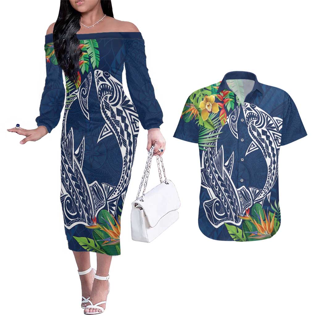 Polynesia Couples Matching Off The Shoulder Long Sleeve Dress and Hawaiian Shirt Sharks Duo Tropical Navy LT7 Navy - Polynesian Pride