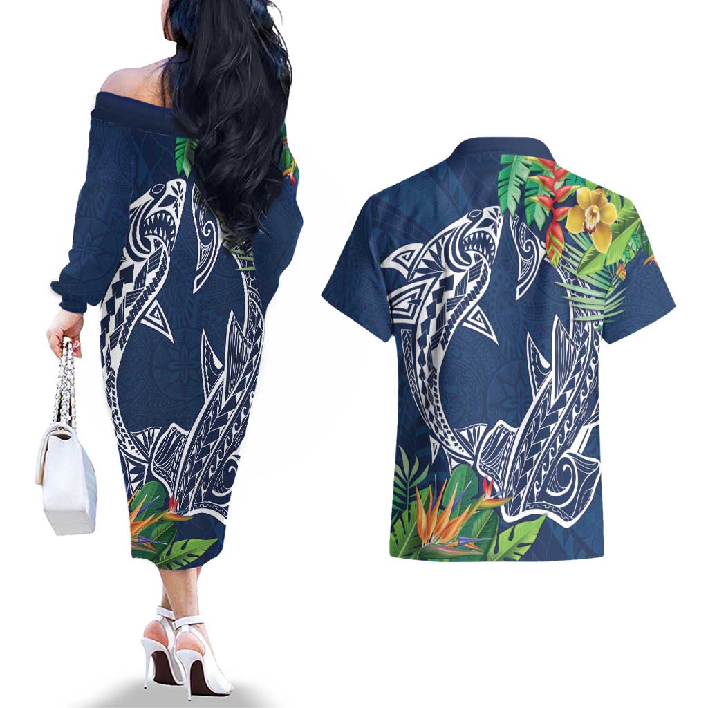Polynesia Couples Matching Off The Shoulder Long Sleeve Dress and Hawaiian Shirt Sharks Duo Tropical Navy LT7 - Polynesian Pride