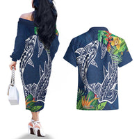 Polynesia Couples Matching Off The Shoulder Long Sleeve Dress and Hawaiian Shirt Sharks Duo Tropical Navy LT7 - Polynesian Pride