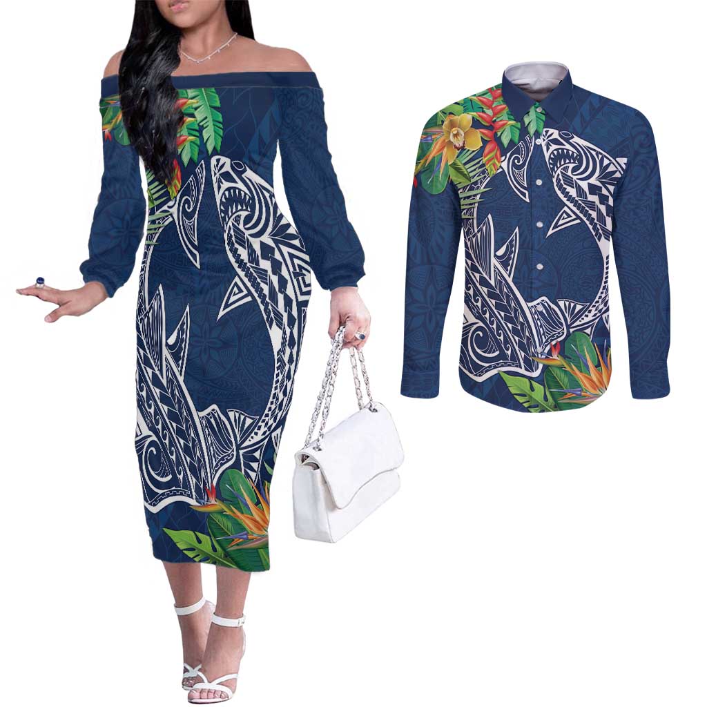 Polynesia Couples Matching Off The Shoulder Long Sleeve Dress and Long Sleeve Button Shirt Sharks Duo Tropical Navy LT7 Navy - Polynesian Pride