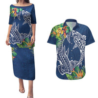 Polynesia Couples Matching Puletasi and Hawaiian Shirt Sharks Duo Tropical Navy LT7 Navy - Polynesian Pride