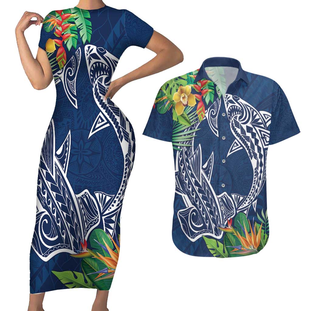 Polynesia Couples Matching Short Sleeve Bodycon Dress and Hawaiian Shirt Sharks Duo Tropical Navy LT7 Navy - Polynesian Pride