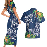 Polynesia Couples Matching Short Sleeve Bodycon Dress and Hawaiian Shirt Sharks Duo Tropical Navy LT7 - Polynesian Pride