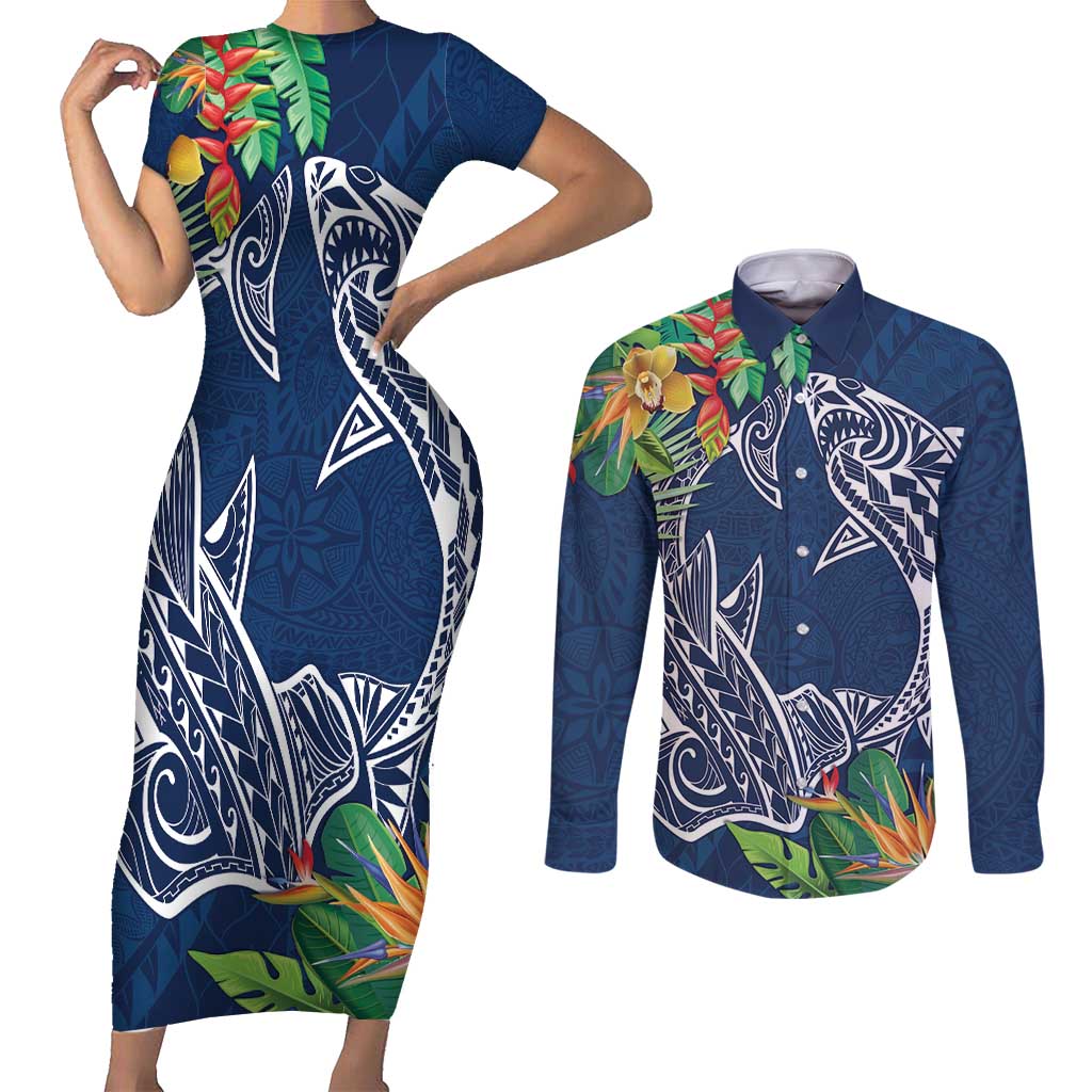 Polynesia Couples Matching Short Sleeve Bodycon Dress and Long Sleeve Button Shirt Sharks Duo Tropical Navy LT7 Navy - Polynesian Pride