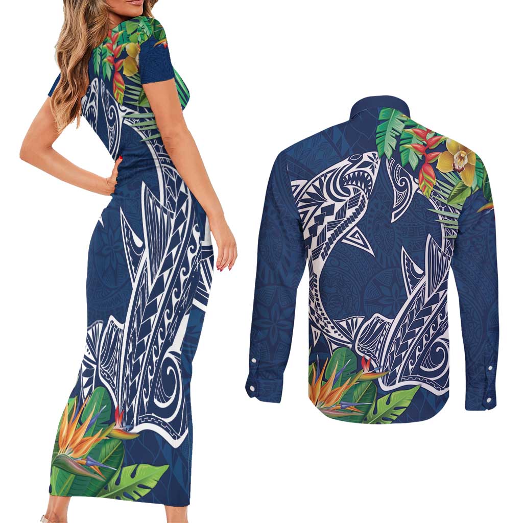 Polynesia Couples Matching Short Sleeve Bodycon Dress and Long Sleeve Button Shirt Sharks Duo Tropical Navy LT7 - Polynesian Pride