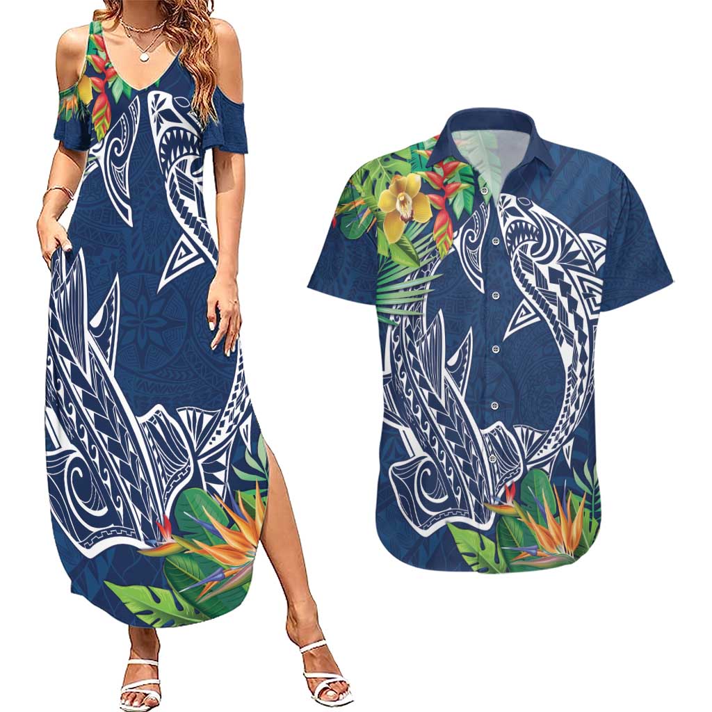 Polynesia Couples Matching Summer Maxi Dress and Hawaiian Shirt Sharks Duo Tropical Navy