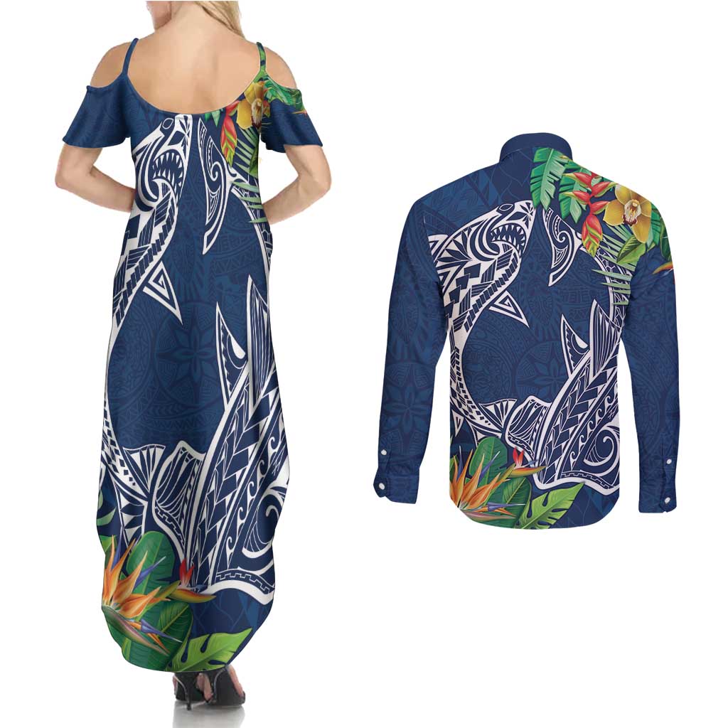 Polynesia Couples Matching Summer Maxi Dress and Long Sleeve Button Shirt Sharks Duo Tropical Navy LT7 - Polynesian Pride