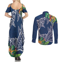 Polynesia Couples Matching Summer Maxi Dress and Long Sleeve Button Shirt Sharks Duo Tropical Navy LT7 - Polynesian Pride