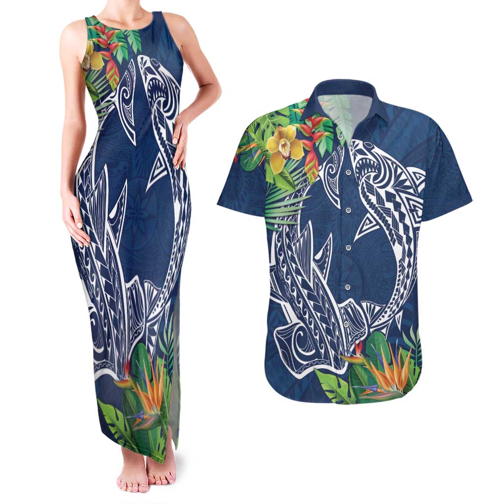 Polynesia Couples Matching Tank Maxi Dress and Hawaiian Shirt Sharks Duo Tropical Navy