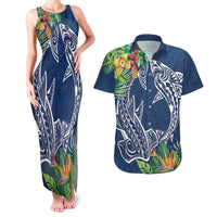 Polynesia Couples Matching Tank Maxi Dress and Hawaiian Shirt Sharks Duo Tropical Navy LT7 Navy - Polynesian Pride