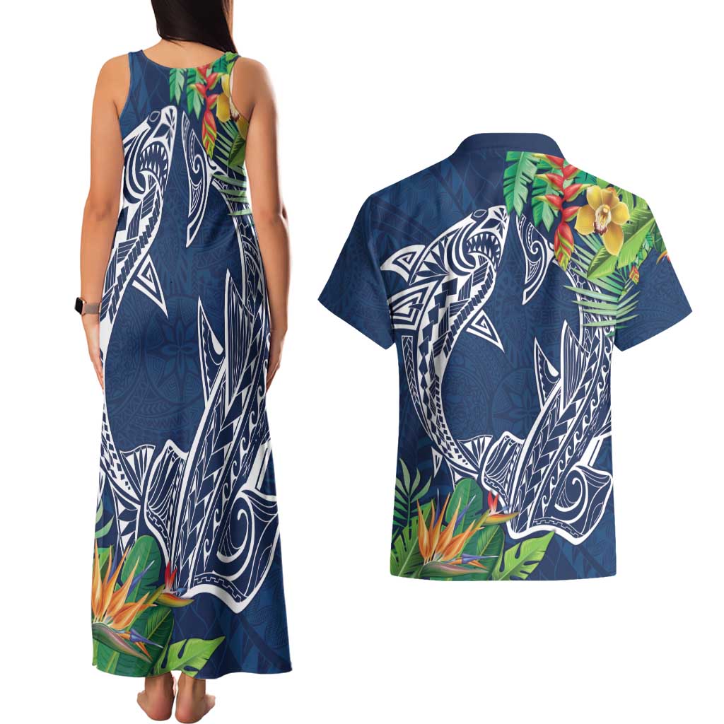 Polynesia Couples Matching Tank Maxi Dress and Hawaiian Shirt Sharks Duo Tropical Navy LT7 - Polynesian Pride