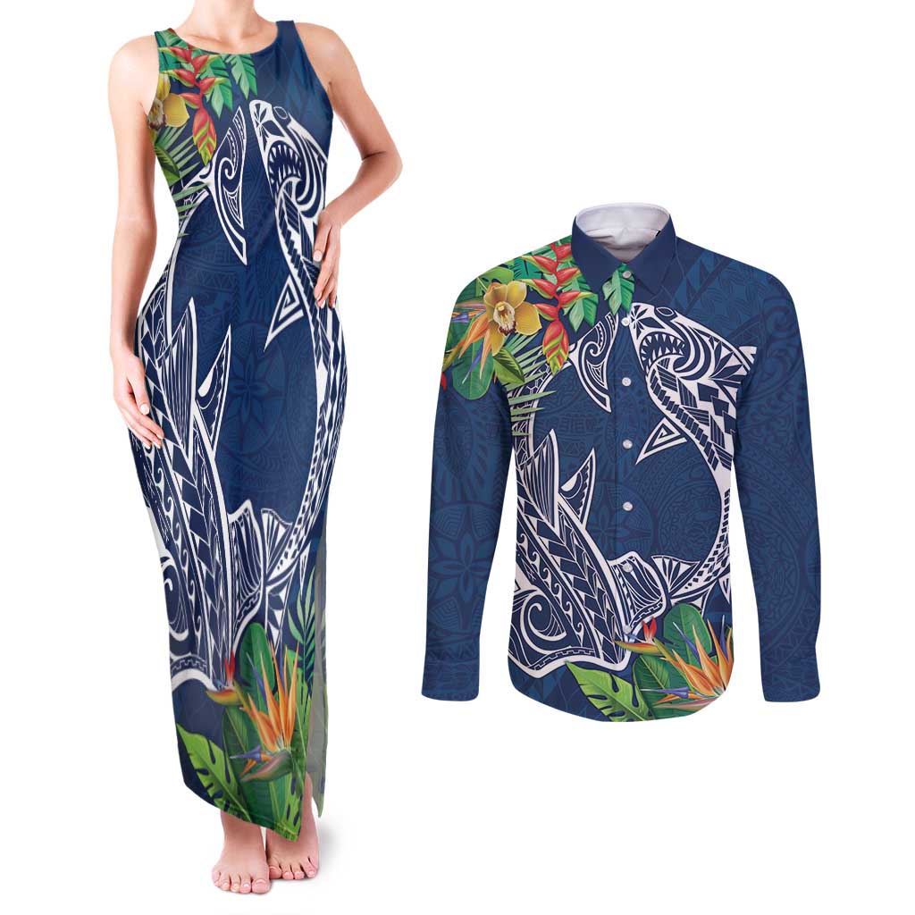 Polynesia Couples Matching Tank Maxi Dress and Long Sleeve Button Shirt Sharks Duo Tropical Navy LT7 Navy - Polynesian Pride