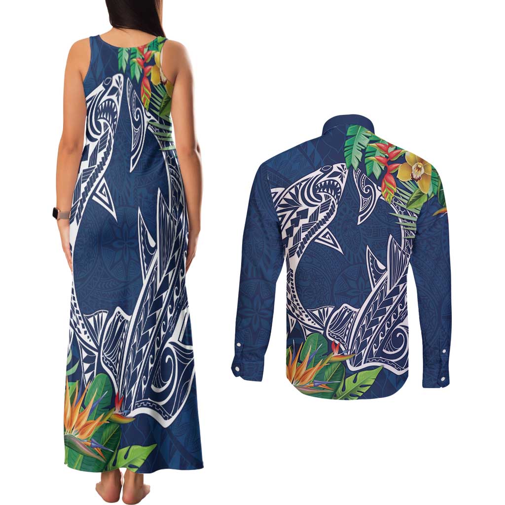 Polynesia Couples Matching Tank Maxi Dress and Long Sleeve Button Shirt Sharks Duo Tropical Navy LT7 - Polynesian Pride
