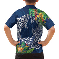 Polynesia Family Matching Off Shoulder Short Dress and Hawaiian Shirt Sharks Duo Tropical Navy LT7 - Polynesian Pride