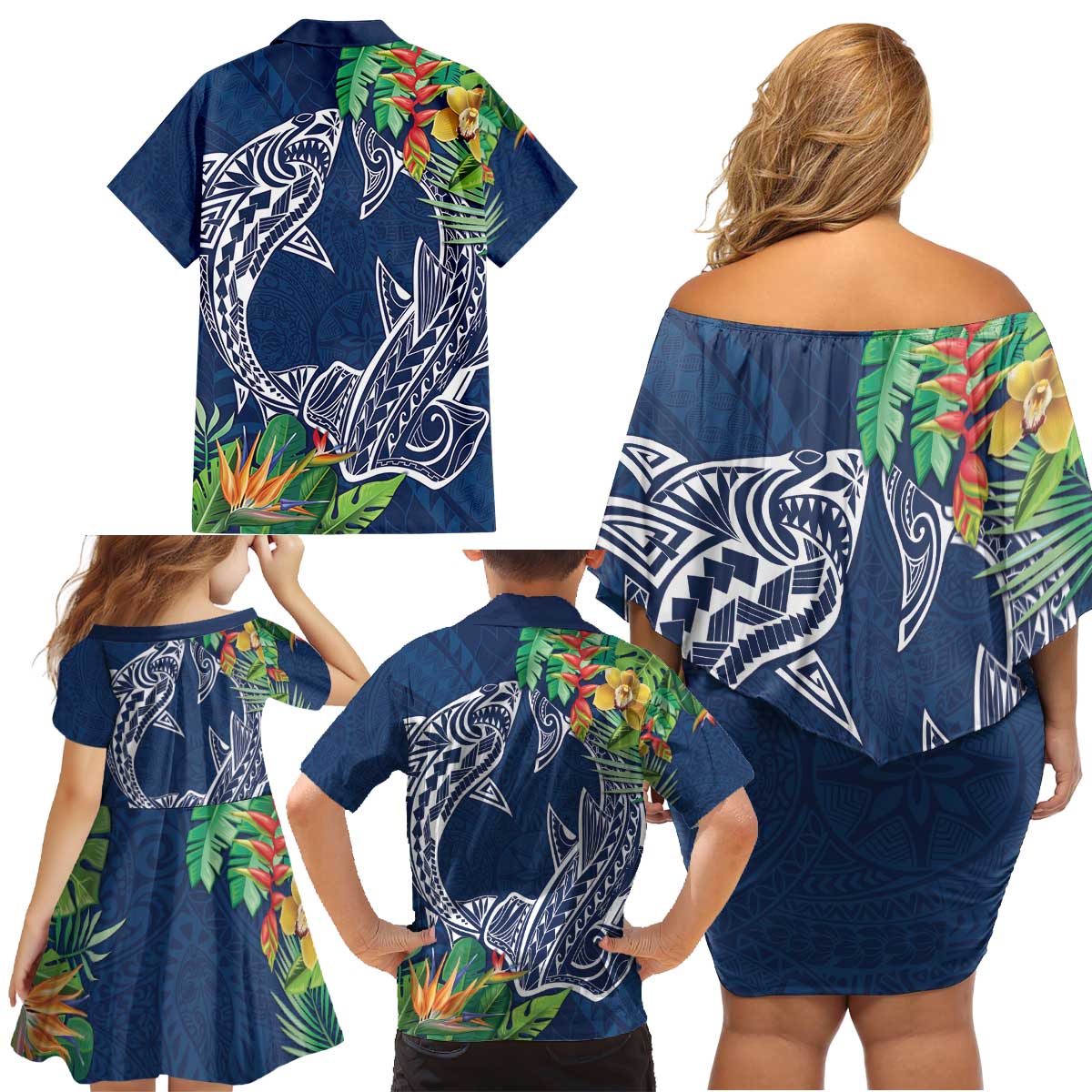 Polynesia Family Matching Off Shoulder Short Dress and Hawaiian Shirt Sharks Duo Tropical Navy LT7 - Polynesian Pride