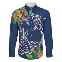 Polynesia Family Matching Off Shoulder Short Dress and Hawaiian Shirt Sharks Duo Tropical Navy LT7 Dad's Shirt - Long Sleeve Navy - Polynesian Pride