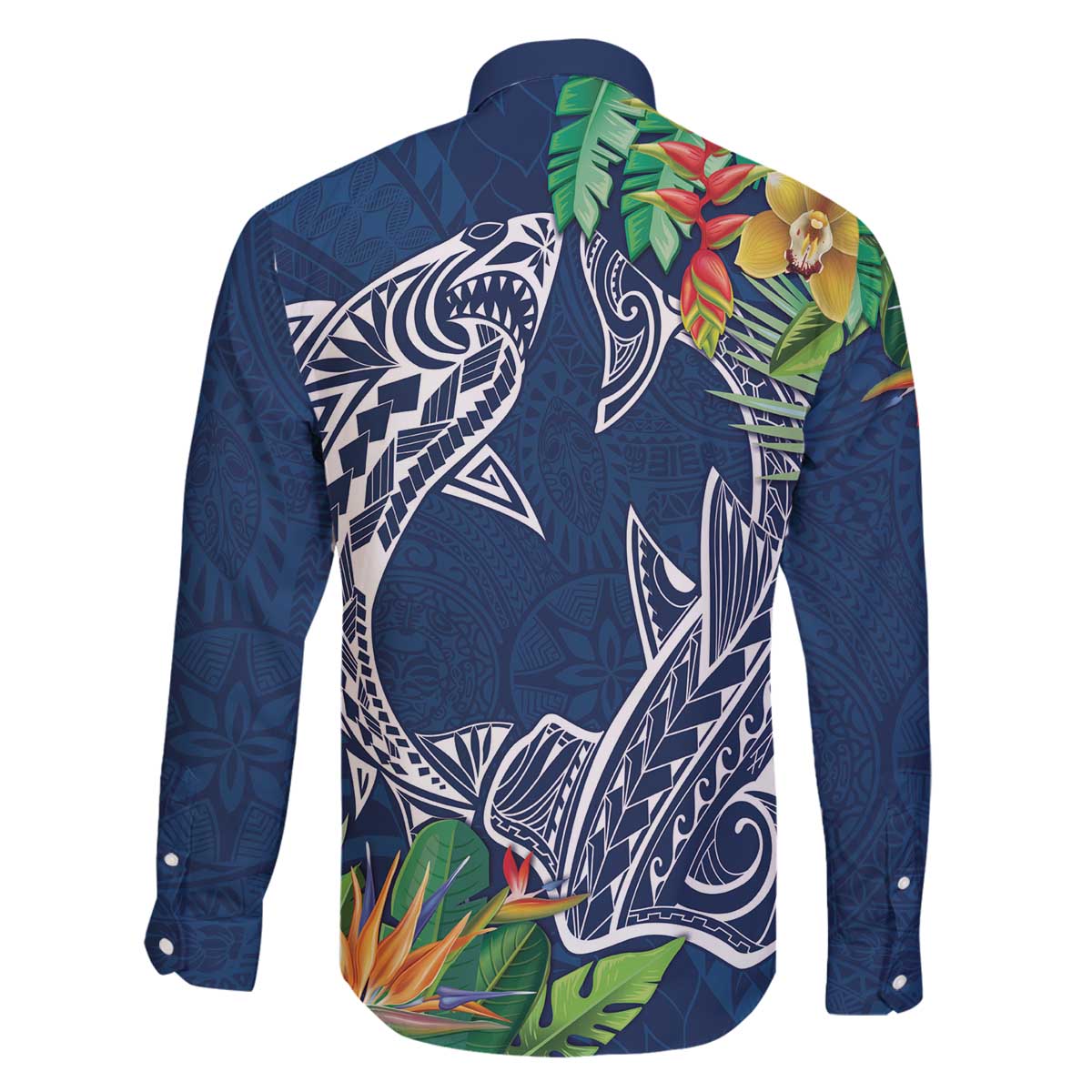 Polynesia Family Matching Off Shoulder Short Dress and Hawaiian Shirt Sharks Duo Tropical Navy LT7 - Polynesian Pride