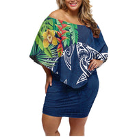 Polynesia Family Matching Off Shoulder Short Dress and Hawaiian Shirt Sharks Duo Tropical Navy LT7 Mom's Dress Navy - Polynesian Pride