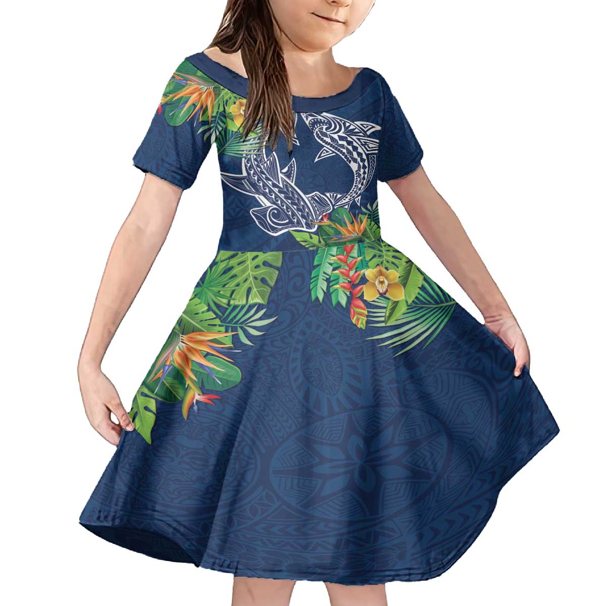 Polynesia Family Matching Puletasi and Hawaiian Shirt Sharks Duo Tropical Navy LT7 Daughter's Dress Navy - Polynesian Pride