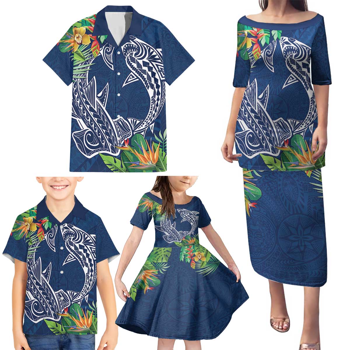 Polynesia Family Matching Puletasi and Hawaiian Shirt Sharks Duo Tropical Navy LT7 - Polynesian Pride