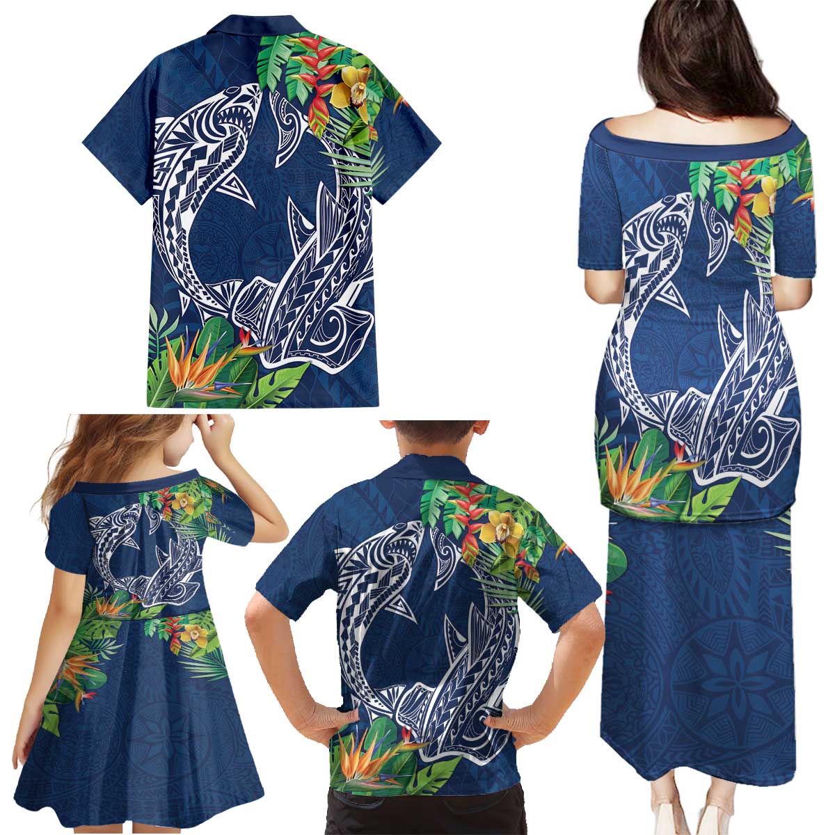 Polynesia Family Matching Puletasi and Hawaiian Shirt Sharks Duo Tropical Navy LT7 - Polynesian Pride