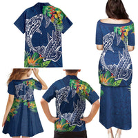 Polynesia Family Matching Puletasi and Hawaiian Shirt Sharks Duo Tropical Navy LT7 - Polynesian Pride
