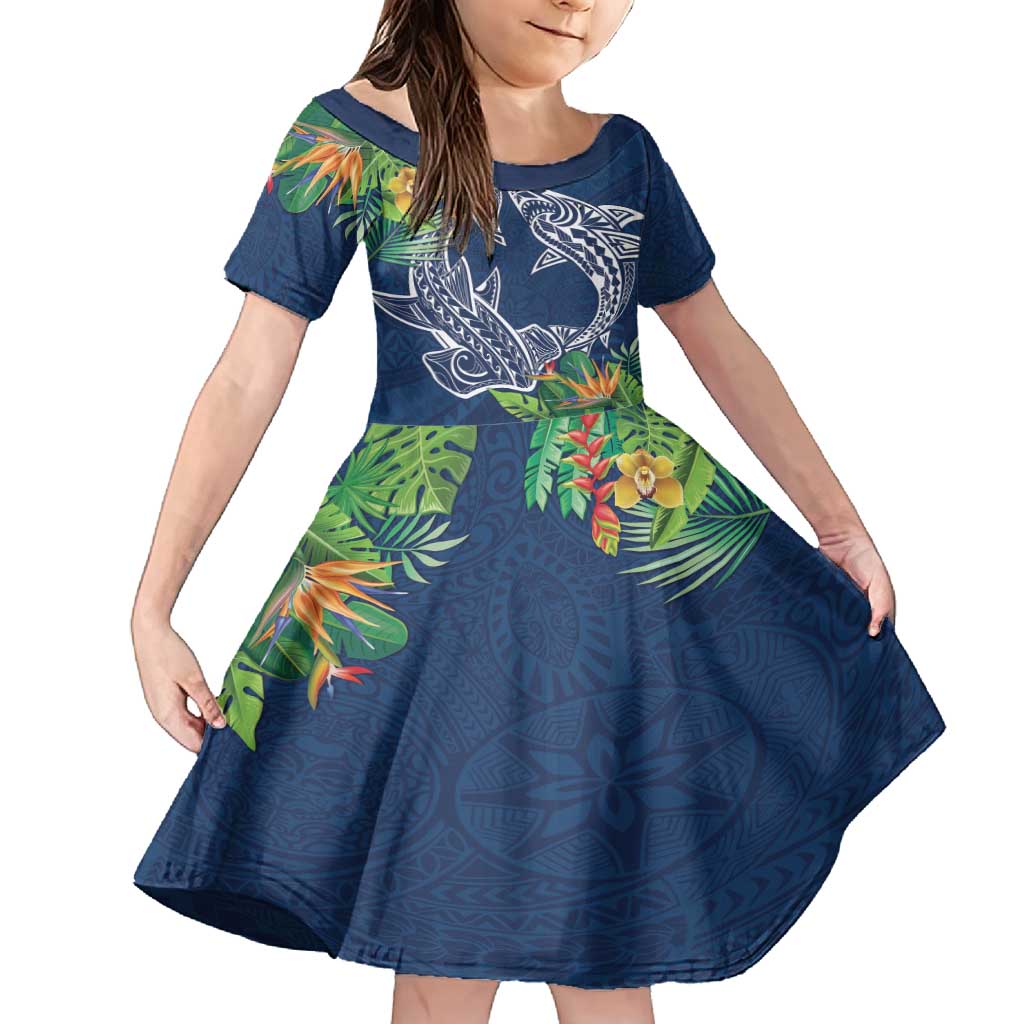 Polynesia Family Matching Tank Maxi Dress and Hawaiian Shirt Sharks Duo Tropical Navy LT7 Daughter's Dress Navy - Polynesian Pride