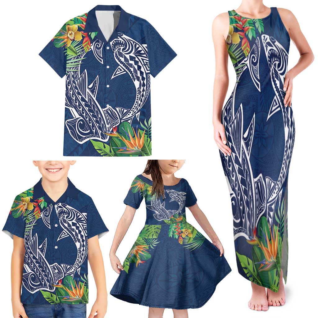 Polynesia Family Matching Tank Maxi Dress and Hawaiian Shirt Sharks Duo Tropical Navy