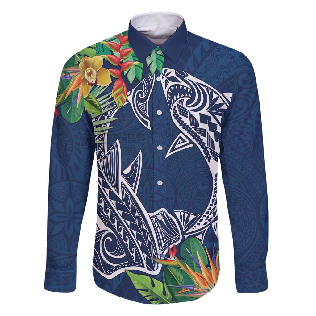 Polynesia Family Matching Tank Maxi Dress and Hawaiian Shirt Sharks Duo Tropical Navy LT7 Dad's Shirt - Long Sleeve Navy - Polynesian Pride