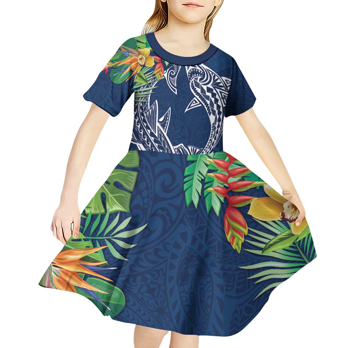 Polynesia Kid Short Sleeve Dress Sharks Duo Tropical Navy