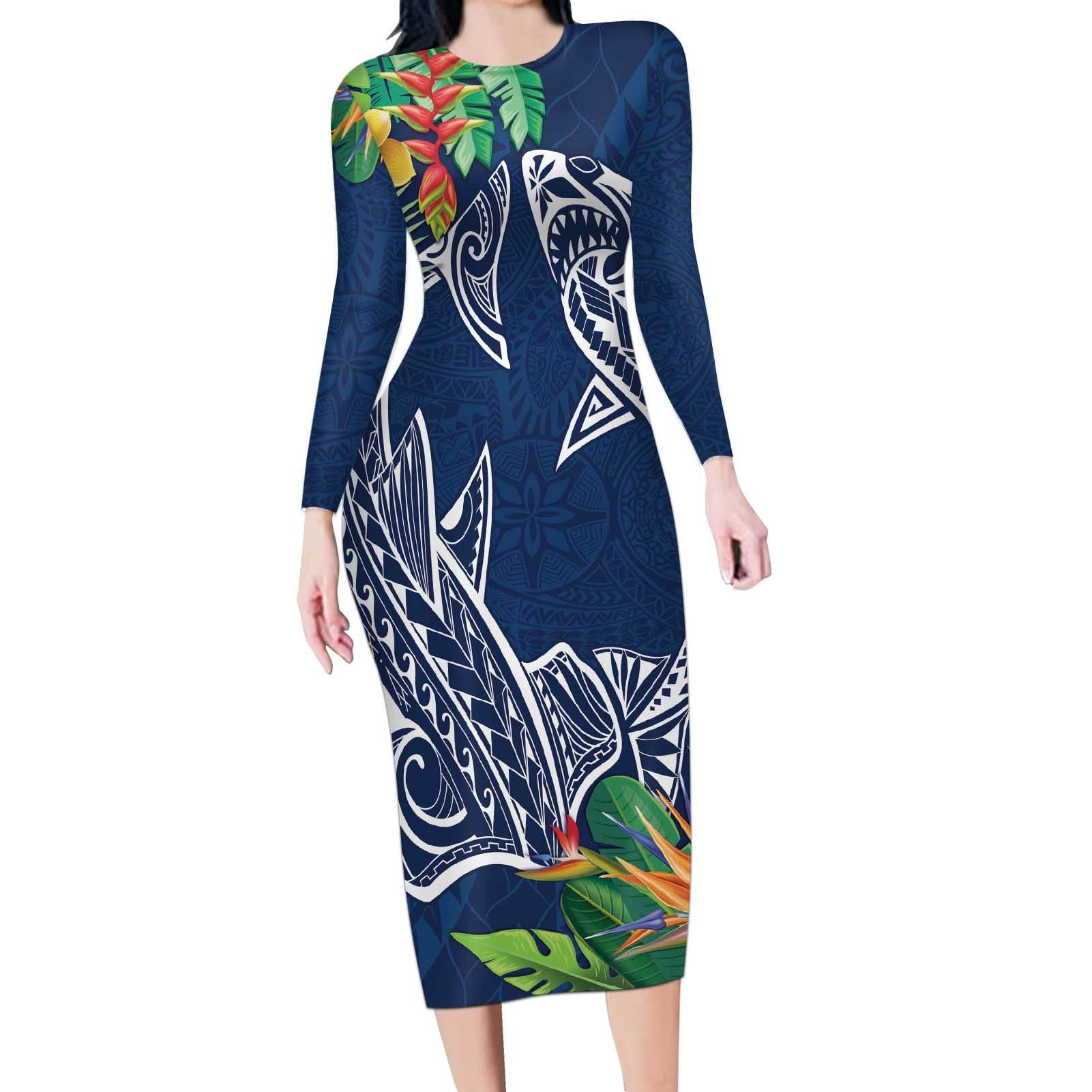 Polynesia Long Sleeve Bodycon Dress Sharks Duo Tropical Navy