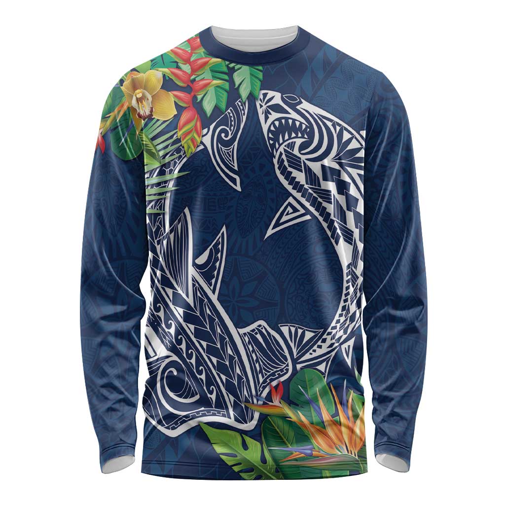 Polynesia Long Sleeve Shirt Sharks Duo Tropical Navy