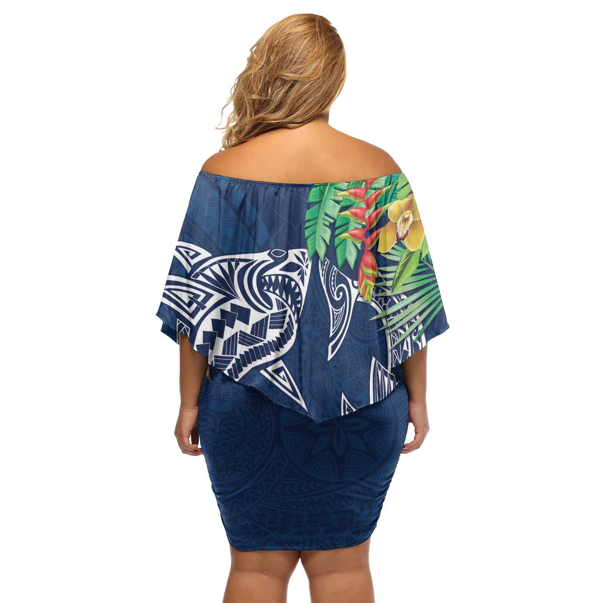 Polynesia Off Shoulder Short Dress Sharks Duo Tropical Navy LT7 - Polynesian Pride