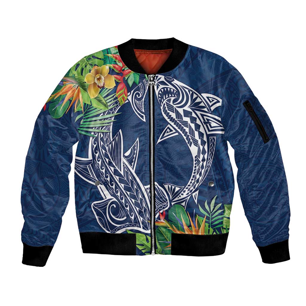 Polynesia Sleeve Zip Bomber Jacket Sharks Duo Tropical Navy