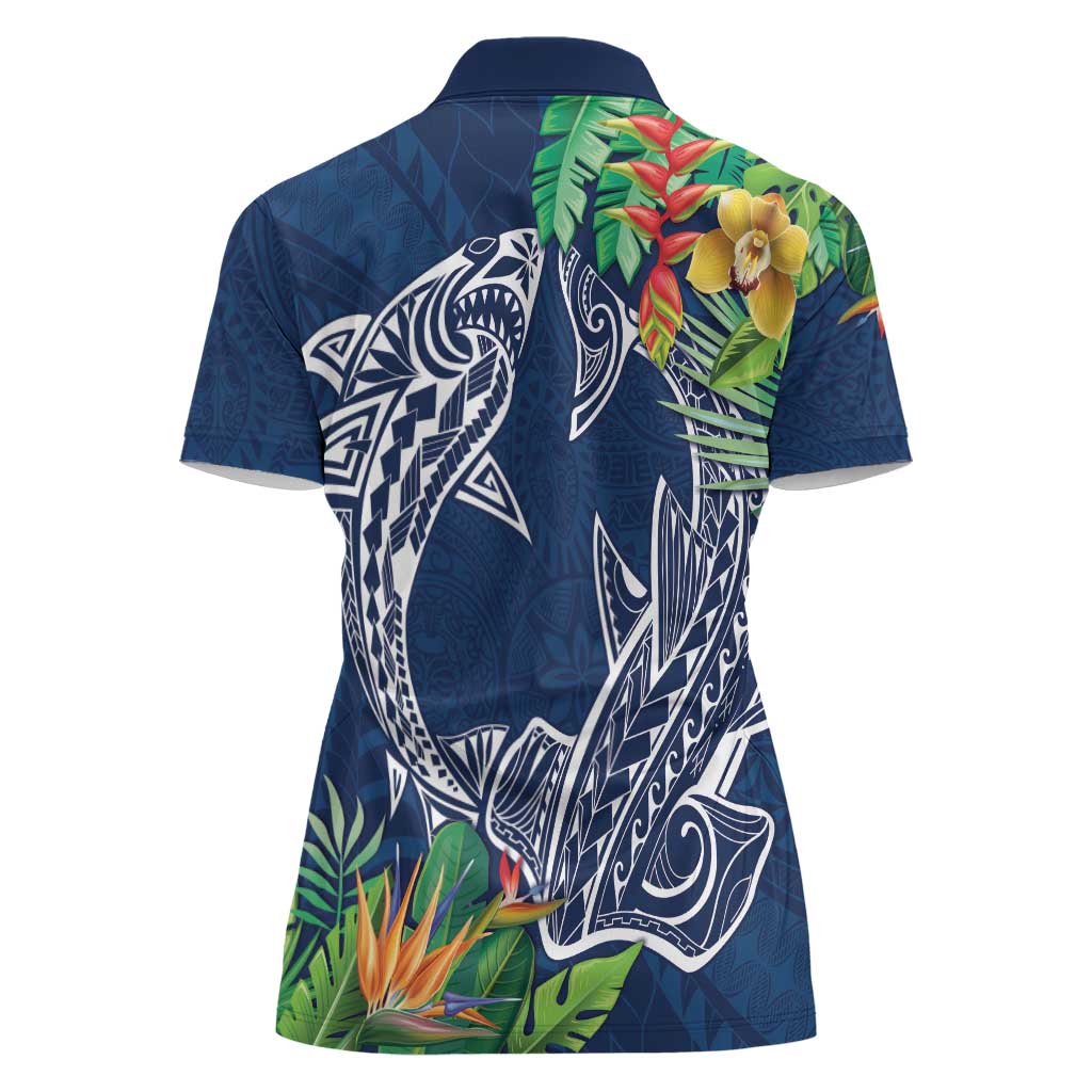 Polynesia Women Polo Shirt Sharks Duo Tropical Navy