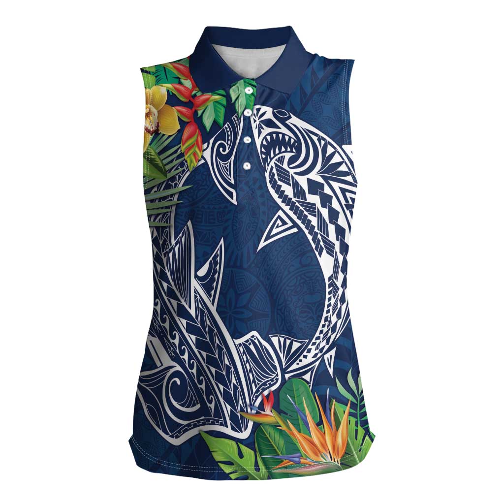 Polynesia Women Sleeveless Polo Shirt Sharks Duo Tropical Navy LT7 Female Navy - Polynesian Pride