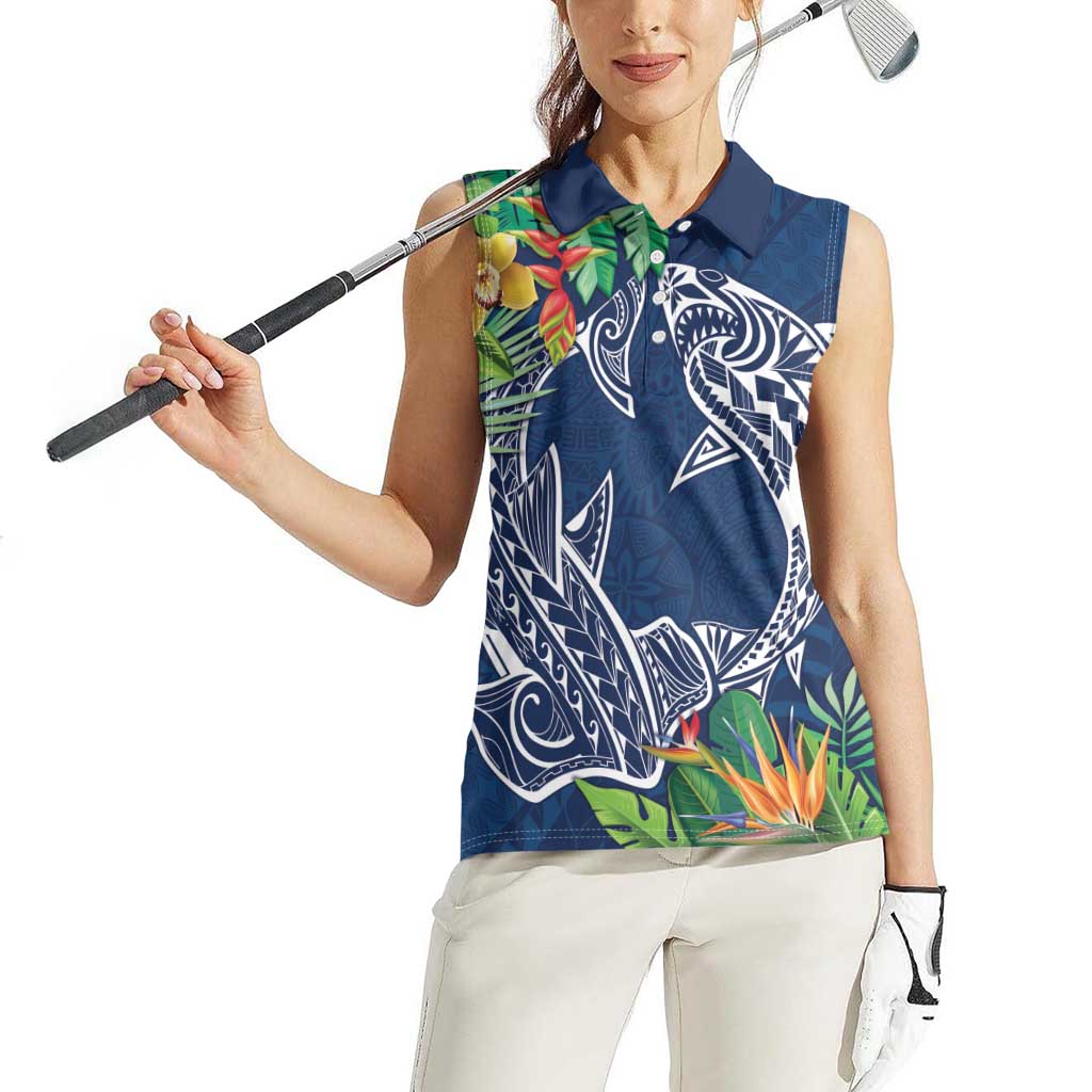 Polynesia Women Sleeveless Polo Shirt Sharks Duo Tropical Navy LT7 - Polynesian Pride