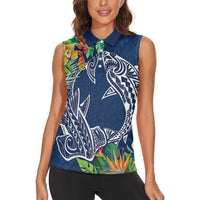 Polynesia Women Sleeveless Polo Shirt Sharks Duo Tropical Navy LT7 - Polynesian Pride