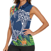 Polynesia Women Sleeveless Polo Shirt Sharks Duo Tropical Navy LT7 - Polynesian Pride