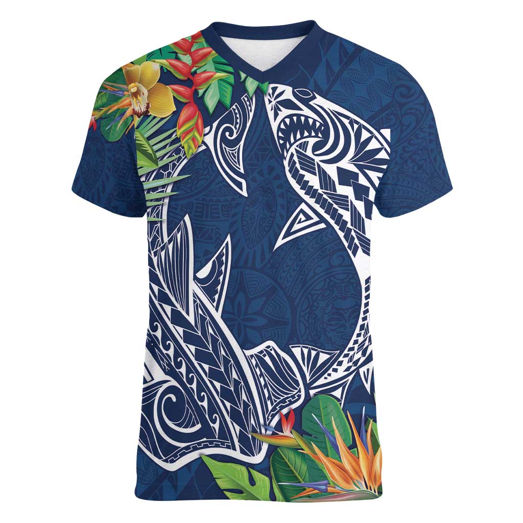 Polynesia Women V-Neck T-Shirt Sharks Duo Tropical Navy