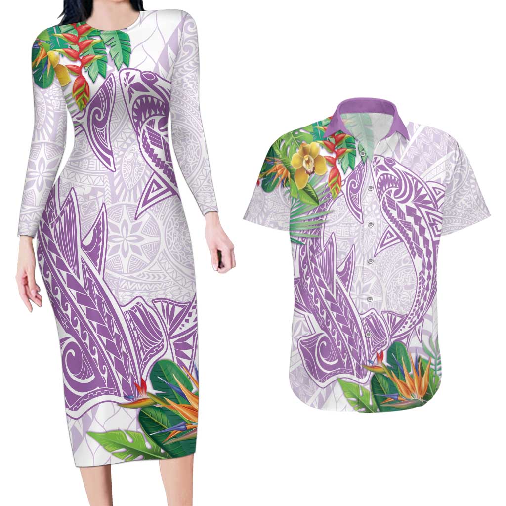 Polynesia Couples Matching Long Sleeve Bodycon Dress and Hawaiian Shirt Sharks Duo Tropical Lavender