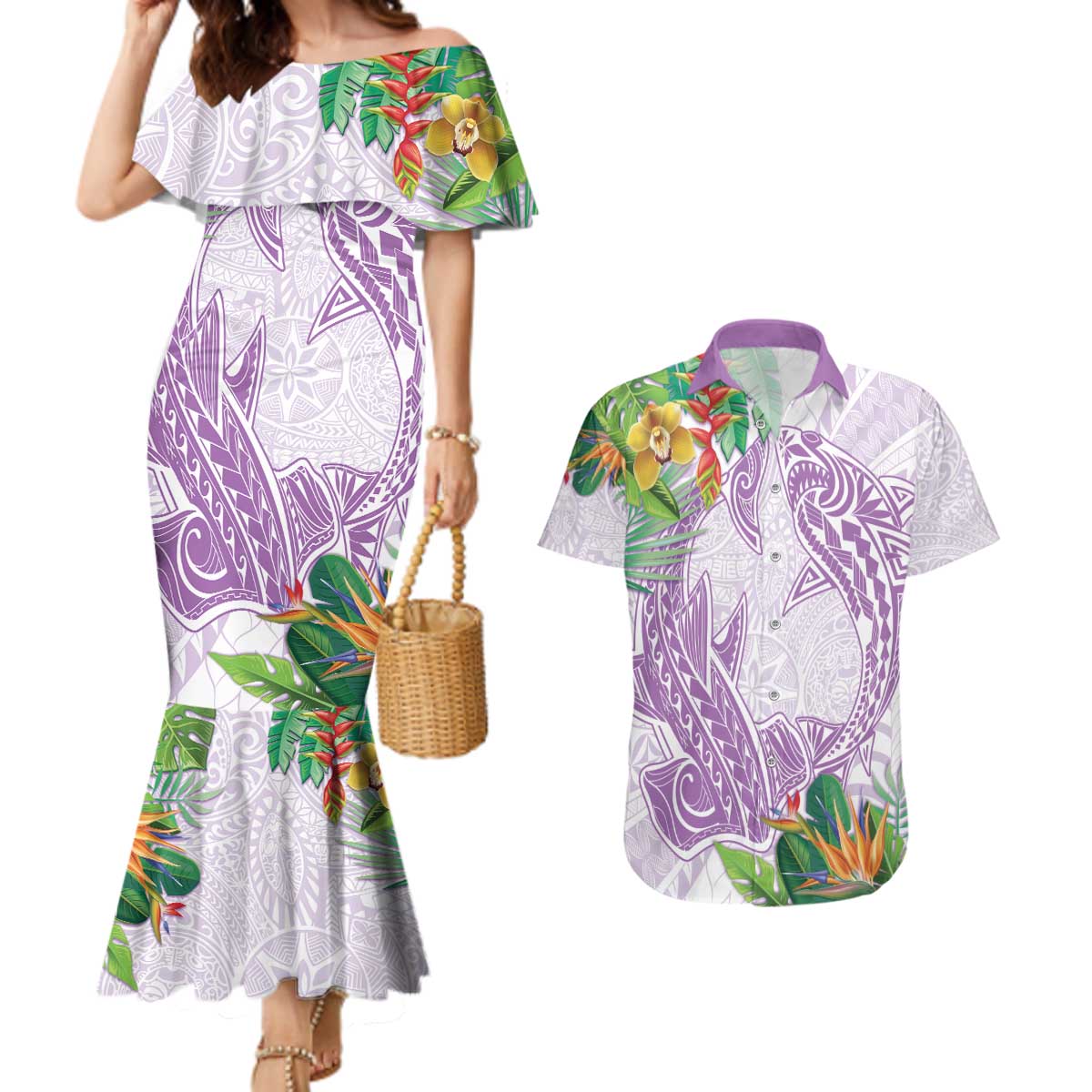 Polynesia Couples Matching Mermaid Dress and Hawaiian Shirt Sharks Duo Tropical Lavender