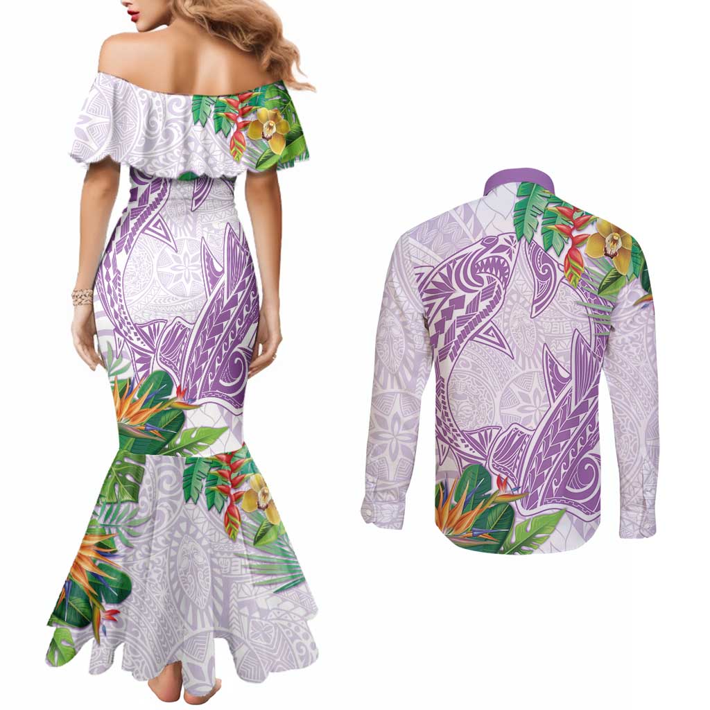 Polynesia Couples Matching Mermaid Dress and Long Sleeve Button Shirt Sharks Duo Tropical Lavender LT7 - Polynesian Pride