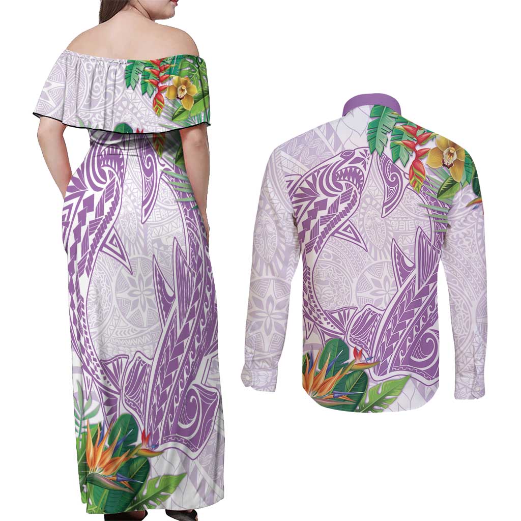 Polynesia Couples Matching Off Shoulder Maxi Dress and Long Sleeve Button Shirt Sharks Duo Tropical Lavender LT7 - Polynesian Pride