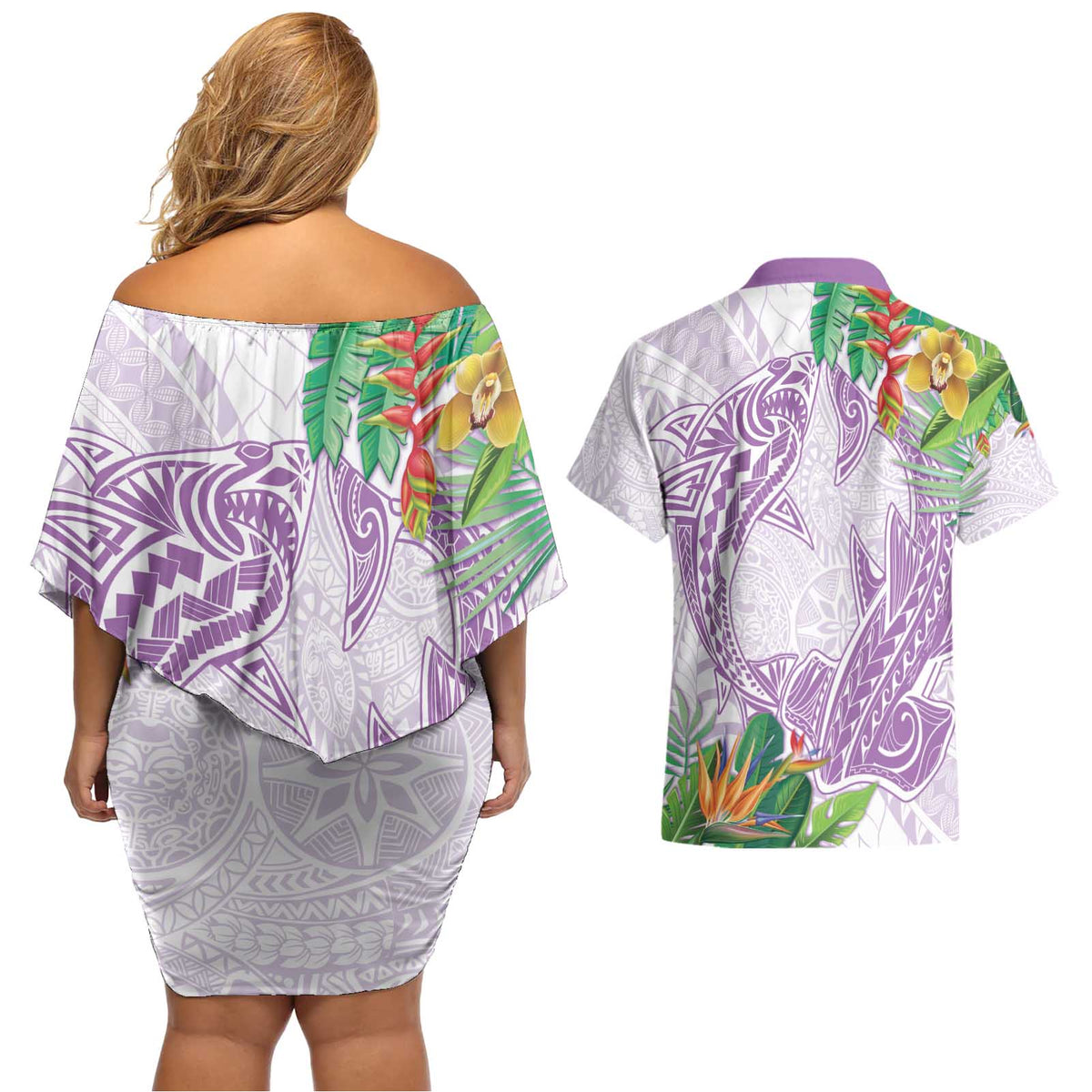 Polynesia Couples Matching Off Shoulder Short Dress and Hawaiian Shirt Sharks Duo Tropical Lavender LT7 - Polynesian Pride