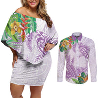 Polynesia Couples Matching Off Shoulder Short Dress and Long Sleeve Button Shirt Sharks Duo Tropical Lavender LT7 Lavender - Polynesian Pride