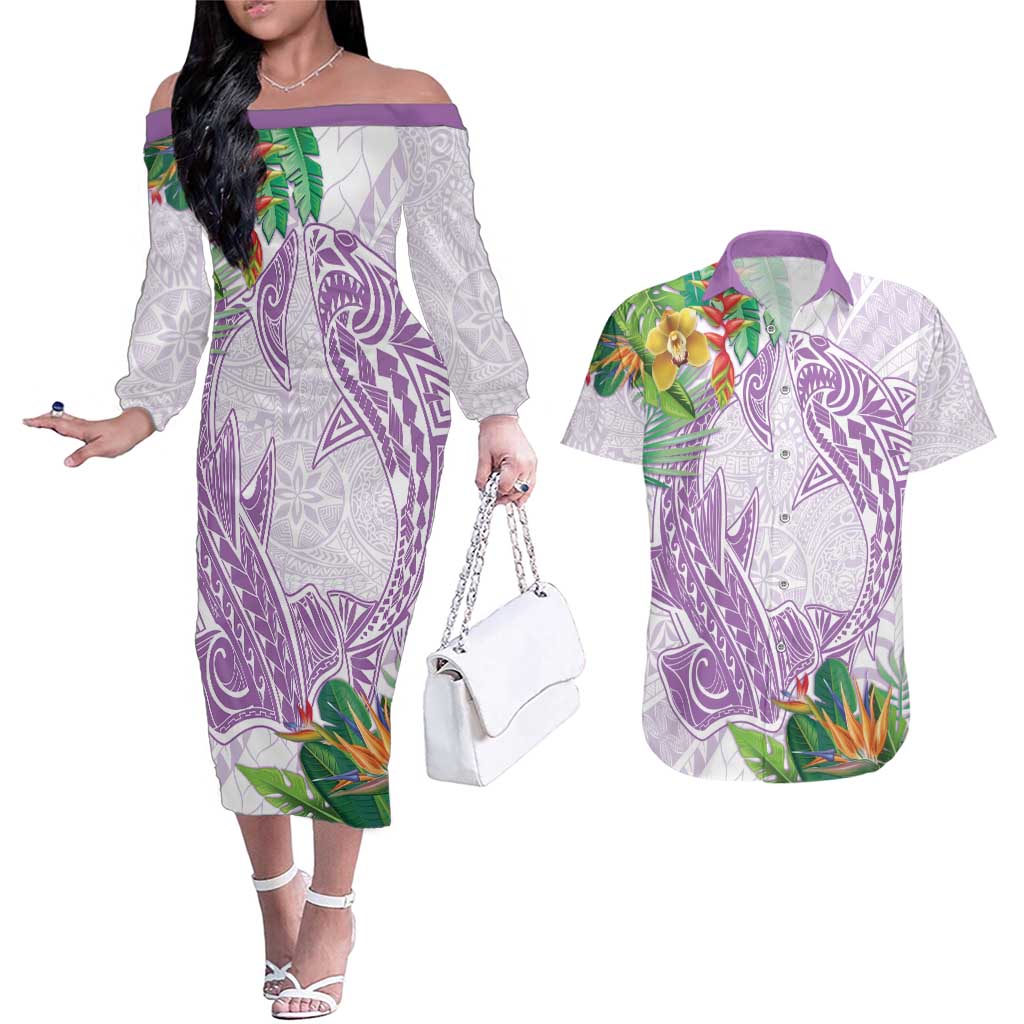 Polynesia Couples Matching Off The Shoulder Long Sleeve Dress and Hawaiian Shirt Sharks Duo Tropical Lavender