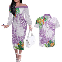 Polynesia Couples Matching Off The Shoulder Long Sleeve Dress and Hawaiian Shirt Sharks Duo Tropical Lavender LT7 Lavender - Polynesian Pride