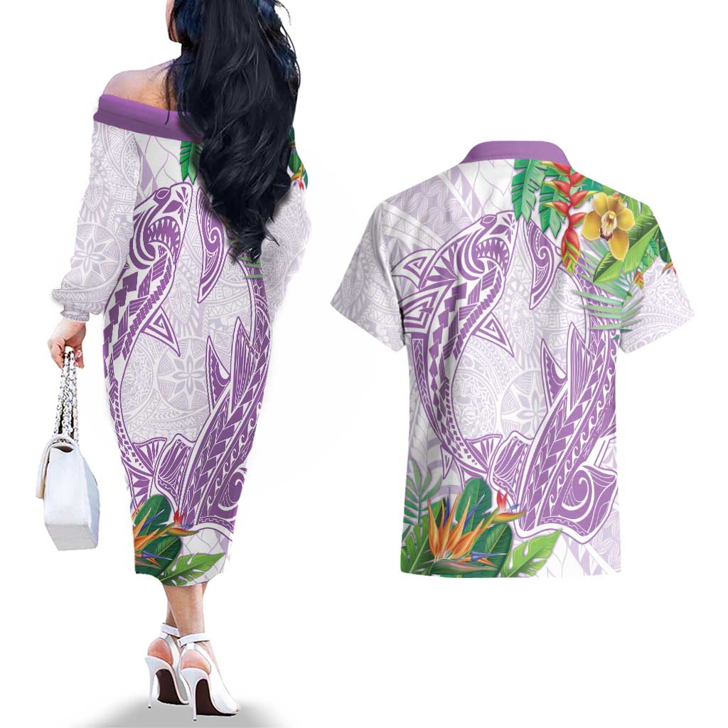 Polynesia Couples Matching Off The Shoulder Long Sleeve Dress and Hawaiian Shirt Sharks Duo Tropical Lavender LT7 - Polynesian Pride
