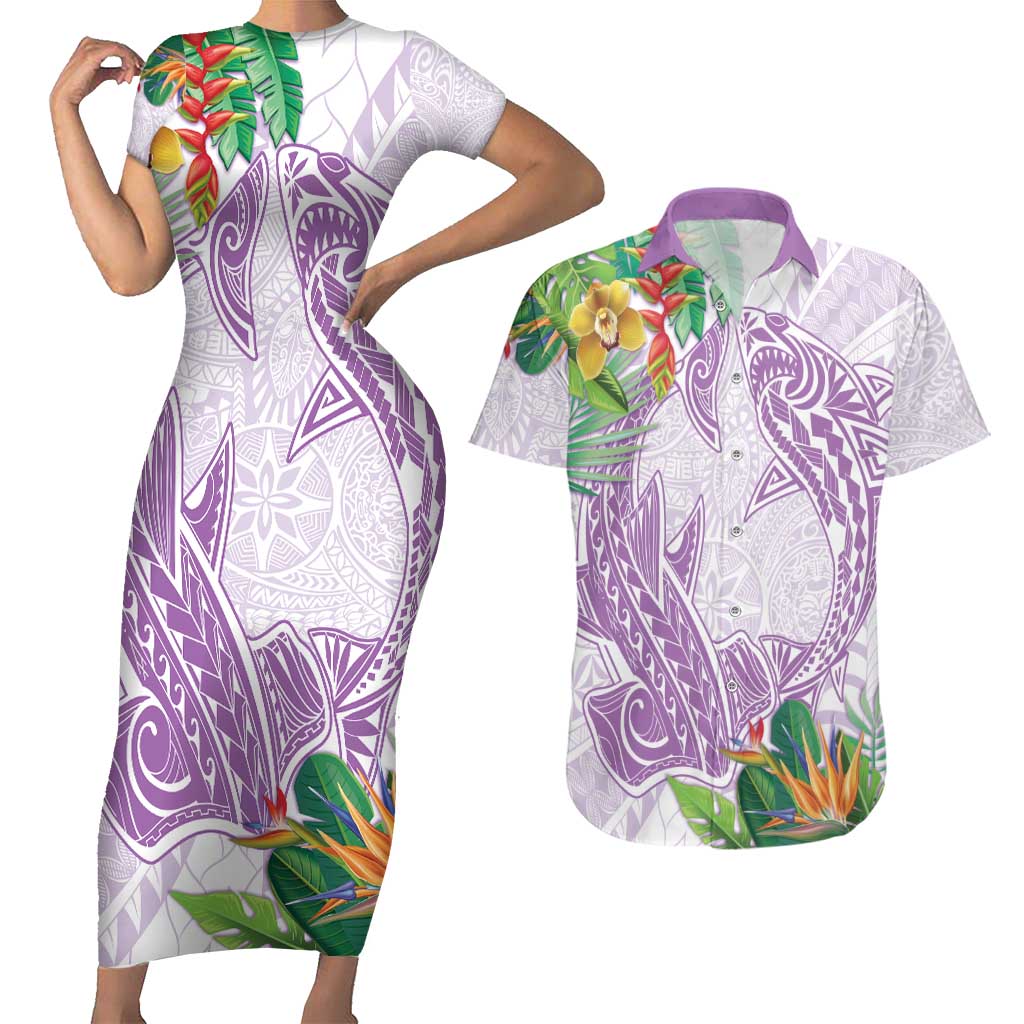 Polynesia Couples Matching Short Sleeve Bodycon Dress and Hawaiian Shirt Sharks Duo Tropical Lavender LT7 Lavender - Polynesian Pride